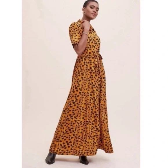 Anthropologie Porridge Vianne Leopard Maxi ShirtDress Orange 8 NWT